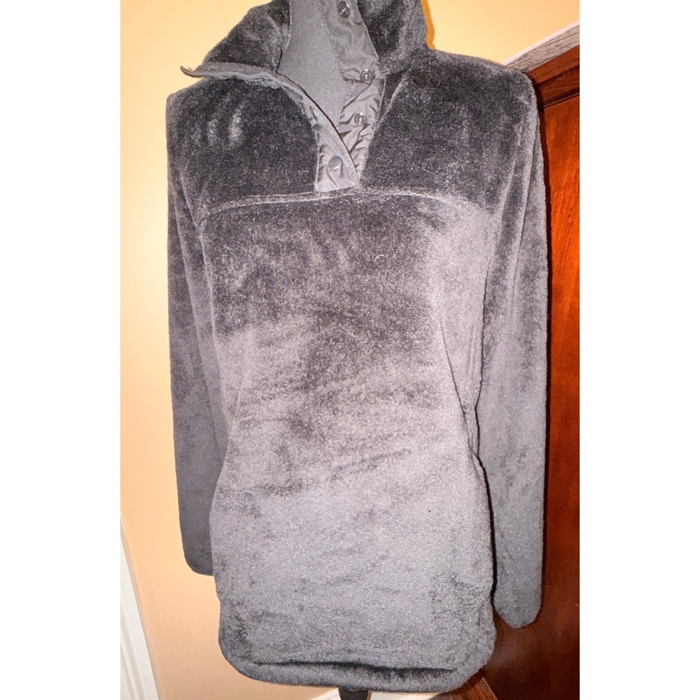Lands'‎ End Fleece Pullover Women S Tall Black Excellent Snap Neck Fuzzy